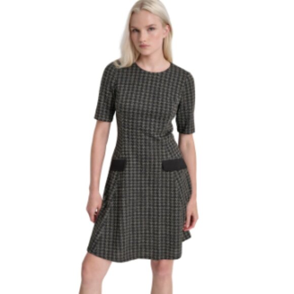 Dkny Women's Jewel-Neck Short-Sleeve Fit & Flare Dress - Black/Charcoal - Picture 2 of 4